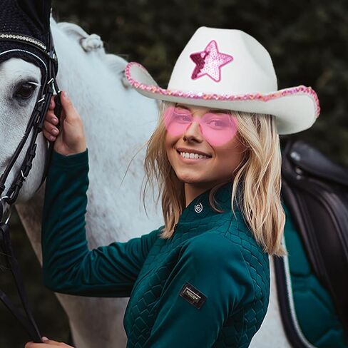 قبعة راعية البقر البيضاء من D-Fokes مع نظارات وأقراط على شكل قلب وردي - قبعة رعاة البقر مع نجوم ترتر، قبعة الأميرة، دعائم تنكرية للهالوين، قبعة حفلات راعية البقر العتيقة، تناسب معظم الفتيات والنساء in Kuwait