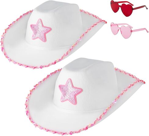 قبعة راعية البقر البيضاء من D-Fokes مع نظارات وأقراط على شكل قلب وردي - قبعة رعاة البقر مع نجوم ترتر، قبعة الأميرة، دعائم تنكرية للهالوين، قبعة حفلات راعية البقر العتيقة، تناسب معظم الفتيات والنساء in Kuwait