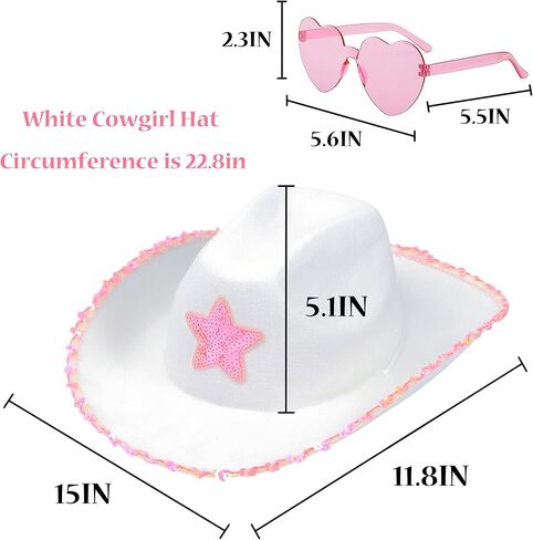 قبعة راعية البقر البيضاء من D-Fokes مع نظارات وأقراط على شكل قلب وردي - قبعة رعاة البقر مع نجوم ترتر، قبعة الأميرة، دعائم تنكرية للهالوين، قبعة حفلات راعية البقر العتيقة، تناسب معظم الفتيات والنساء in Kuwait