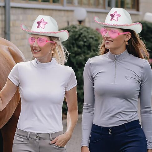 قبعة راعية البقر البيضاء من D-Fokes مع نظارات وأقراط على شكل قلب وردي - قبعة رعاة البقر مع نجوم ترتر، قبعة الأميرة، دعائم تنكرية للهالوين، قبعة حفلات راعية البقر العتيقة، تناسب معظم الفتيات والنساء in Kuwait