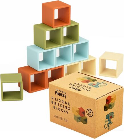 IMPRESA [12 Pack] 2" XL Silicone Building Blocks for Kids - Multi-Color Soft Stacking Blocks for Hours of Fun - Flexible & Soft Building Blocks - Soft Baby Blocks for Teething - Baby Building Blocks in Saudi Arabia