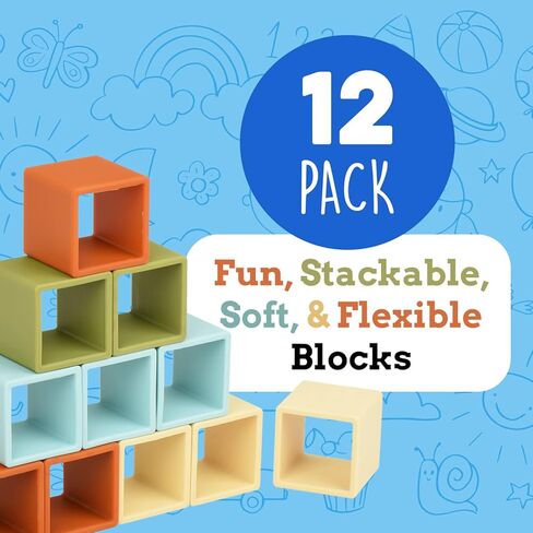 IMPRESA [12 Pack] 2" XL Silicone Building Blocks for Kids - Multi-Color Soft Stacking Blocks for Hours of Fun - Flexible & Soft Building Blocks - Soft Baby Blocks for Teething - Baby Building Blocks in Saudi Arabia