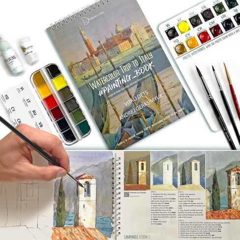 Insparea Watercolor Set “Watercolour Trip to Italy", Painting Set for Adults, Paint Kit with Coloring Tutorial Workbook, Art Gift Beginner Sketchbook with 17 Lessons in Saudi Arabia