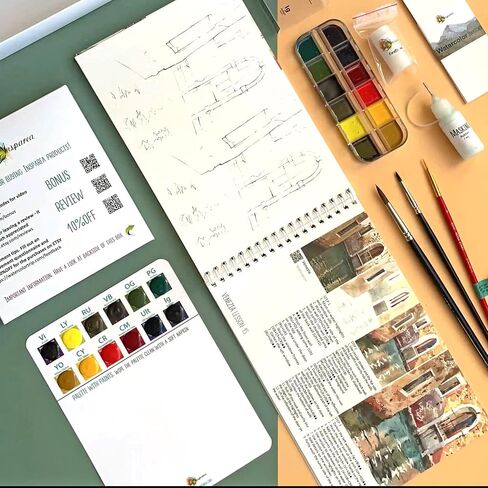 Insparea Watercolor Set “Watercolour Trip to Italy", Painting Set for Adults, Paint Kit with Coloring Tutorial Workbook, Art Gift Beginner Sketchbook with 17 Lessons in Saudi Arabia