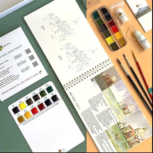 Insparea Watercolor Set “Watercolour Trip to Italy", Painting Set for Adults, Paint Kit with Coloring Tutorial Workbook, Art Gift Beginner Sketchbook with 17 Lessons in Saudi Arabia
