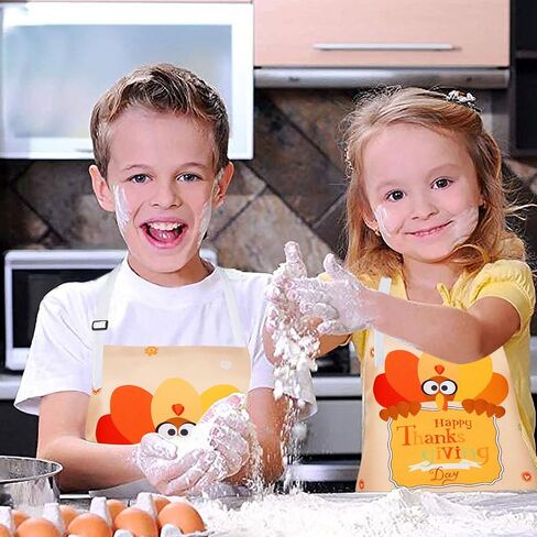 Claswcalor Happy Thanksgiving Kids Apron, Cartoon Chicken Sunflower Fruit Pumpkin Kids Apron for Little Girls Boys, Waterproof Cute Thanksgiving Theme Apron, Holiday, Party, Gardening, Gift in Saudi Arabia