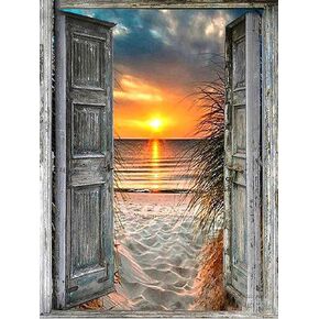 مجموعة رسم ماسي من سلسلة المناظر الطبيعية للبالغين من بيوديو - شروق الشمس على الشاطئ من النافذة - فن ماسي دائري 5 دي لتزيين حائط المنزل (11.8 × 15.7 انش) in Kuwait