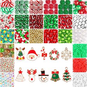 Kalolary 2510PCS Christmas Beads Charms for Jewelry Making, Snowman Santa Elk Enamel Charms Christmas Acrylic Spacer Beads Red Green Christmas Polymer Clay Beads for Xmas Earrings Necklace DIY Crafts