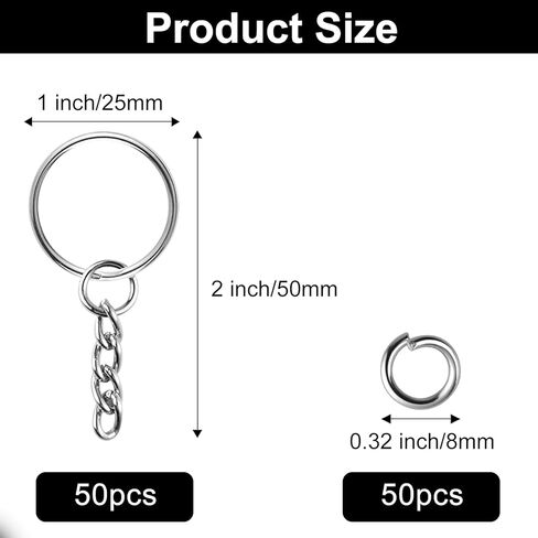 Bouiexye 50 حزمة حلقات المفاتيح المعدنية سبليت سلسلة المفاتيح حلقة أجزاء مع حلقة الانتقال المفتوحة وموصل DIY بها بنفسك لوازم سلسلة المفاتيح الحرف اليدوية in Kuwait