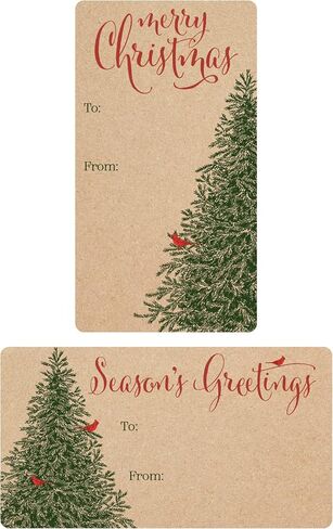Kraft Christmas Gift Tag Stickers – 75 Labels - Christmas Tree and Cardinal Peel and Stick Gift Wrap Tags – Rustic Holiday Self Adhesive Gift Box Stickers in Saudi Arabia