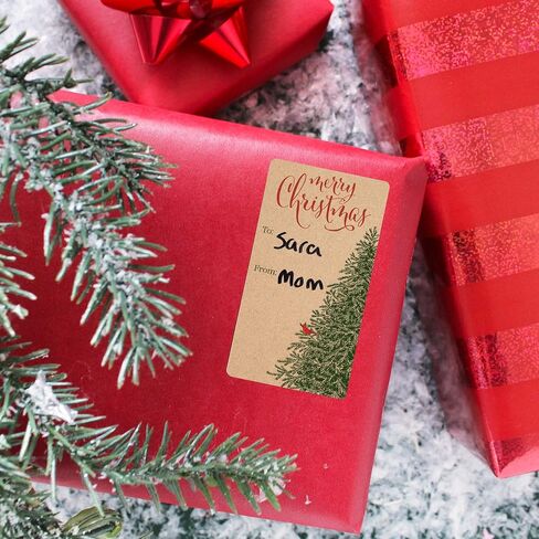 Kraft Christmas Gift Tag Stickers – 75 Labels - Christmas Tree and Cardinal Peel and Stick Gift Wrap Tags – Rustic Holiday Self Adhesive Gift Box Stickers in Saudi Arabia