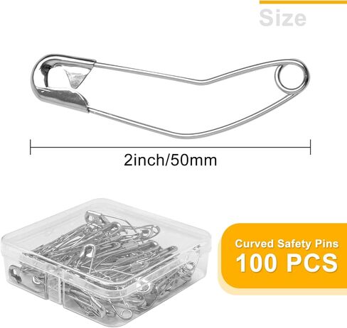 كيوفيلي دبابيس امان منحنية 100 قطعة، دبابيس امان منحنية مقاس 3 للحياكة والحياكة، ستيل مطلي بالنيكل، 2 انش/ 50 ملم (فضي) in Kuwait