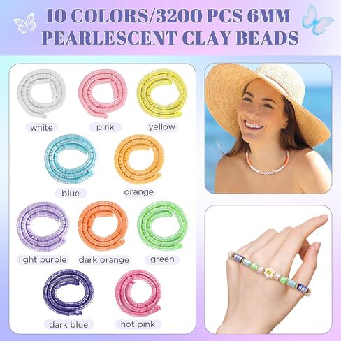 10 جدائل خرز صلصال ملون لؤلؤي، فن توبيا 3200 قطعة خرز هيشي من طين البوليمر، خرز صلصال دائري مسطح لصنع الاساور والمجوهرات (10 الوان، 6 ملم) in Kuwait