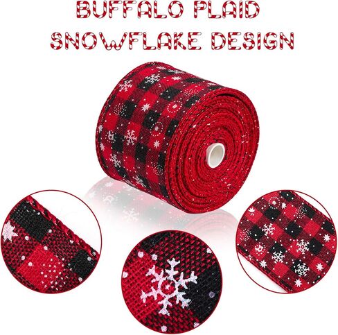 3 لفات عيد الميلاد ندفة الثلج الجاموس منقوشة الشريط السلكية حافة الشريط الأسود والأحمر منقوشة الخيش الشريط عيد الميلاد الاختيار الشريط الخيش لتغليف عيد الميلاد الديكور الحرف (6 ياردة × 2.5 بوصة) in Kuwait
