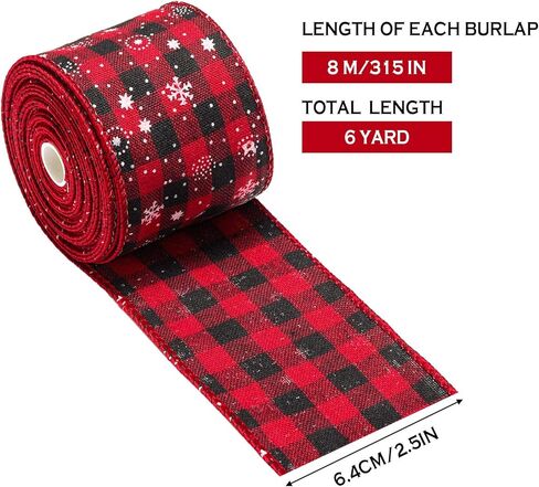 3 لفات عيد الميلاد ندفة الثلج الجاموس منقوشة الشريط السلكية حافة الشريط الأسود والأحمر منقوشة الخيش الشريط عيد الميلاد الاختيار الشريط الخيش لتغليف عيد الميلاد الديكور الحرف (6 ياردة × 2.5 بوصة) in Kuwait
