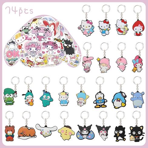 74 قطعة من سلاسل مفاتيح حفلات الرسوم المتحركة المفضلة من Uhael 50 قطعة من ملصقات الرسوم المتحركة كيتي كات سينا ​​لوازم حفلات أعياد الميلاد هدية عيد الميلاد للفتيات (24 قطعة سلاسل مفاتيح، 50 قطعة ملصقات) in Kuwait