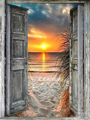 مجموعة رسم ماسي من سلسلة المناظر الطبيعية للبالغين من بيوديو - شروق الشمس على الشاطئ من النافذة - فن ماسي دائري 5 دي لتزيين حائط المنزل (11.8 × 15.7 انش) in Kuwait