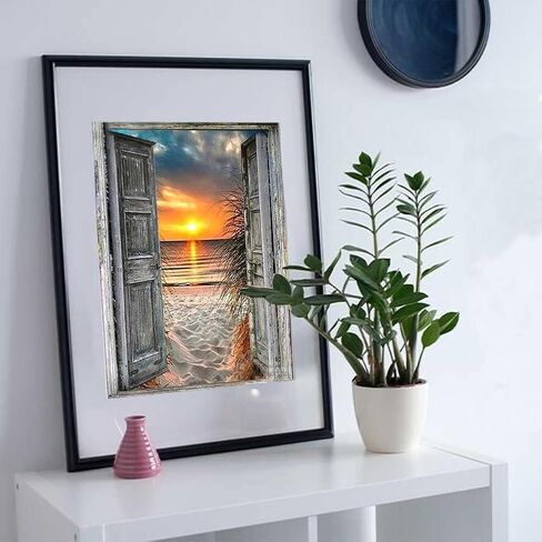 مجموعة رسم ماسي من سلسلة المناظر الطبيعية للبالغين من بيوديو - شروق الشمس على الشاطئ من النافذة - فن ماسي دائري 5 دي لتزيين حائط المنزل (11.8 × 15.7 انش) in Kuwait