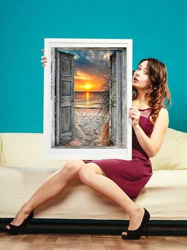 مجموعة رسم ماسي من سلسلة المناظر الطبيعية للبالغين من بيوديو - شروق الشمس على الشاطئ من النافذة - فن ماسي دائري 5 دي لتزيين حائط المنزل (11.8 × 15.7 انش) in Kuwait