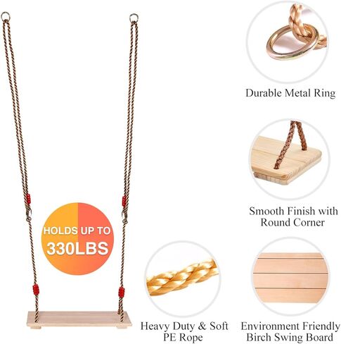 RedSwing Wooden Swing Seat, Wood Tree Swing Seat for Kids Indoor Outdoor, Backyard Swing Set Replament Hanging Swing with Adjustable Rope and Complete Accessories in Kuwait