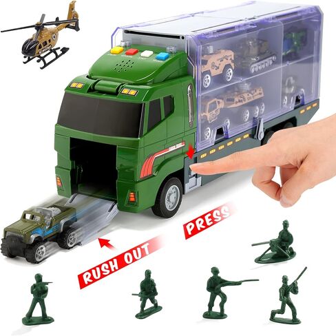 شاحنات لعبة الجيش 28 في 1 تصدر صوت واضح، سيارة الدفع والذهاب مع 16 رجلاً جيشًا، هدية رائعة للأولاد والأطفال الصغار in Kuwait