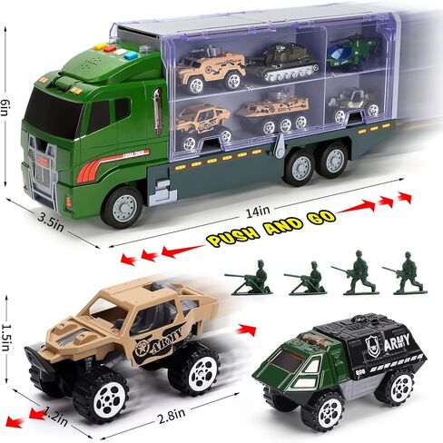 شاحنات لعبة الجيش 28 في 1 تصدر صوت واضح، سيارة الدفع والذهاب مع 16 رجلاً جيشًا، هدية رائعة للأولاد والأطفال الصغار in Kuwait