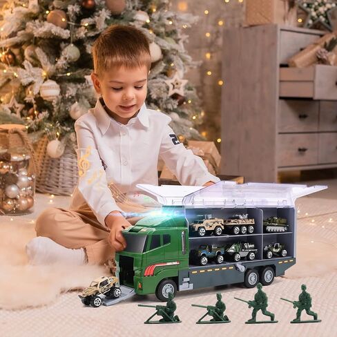 شاحنات لعبة الجيش 28 في 1 تصدر صوت واضح، سيارة الدفع والذهاب مع 16 رجلاً جيشًا، هدية رائعة للأولاد والأطفال الصغار in Kuwait