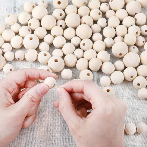 ديكوبدٍ 300 قطعة من الخرز الخشبي 3 مقاسات (16 ملم/20 ملم/25 ملم) خرز خشبي دائري طبيعي غير مكتمل كبير مع خيط جوت بطول 20 متر لصنع المجوهرات وديكور المنزل الريفي in Kuwait