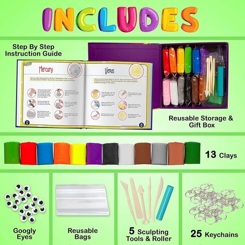 تماثيل النظام الشمسي من الطين الهوائي للأطفال - نحت أكثر من 20 سحرًا من الطين - اصنع سلاسل مفاتيح على شكل كوكب صغير مع 13 لونًا من الطين - يتضمن كتابًا حرفيًا للنظام الشمسي - هدية عيد ميلاد للأطفال للأعمار من 6 سنوات فما فوق in Kuwait