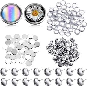 200 Pieces Sublimation Stainless Steel Blank Stud Earring Set includes 50 Bezel Blank Setting 50 Aluminum Sheets with 50 Glues 50 Glass Discs for DIY Jewelry Findings, Earring Making (Silver, 10 mm)