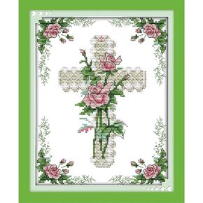 Printed Cross Stitch Kits 11CT 10X14 inch 100% Cotton Holiday Gift DIY Embroidery Starter Kits Easy Patterns Embroidery for Girls Crafts DMC Stamped Cross-Stitch Supplies Needlework The Cross Rose