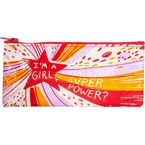 مقلمة Blue Q - أنا فتاة، ما هي قوتك الخارقة؟ سحاب ضخم، قوي وسهل التنظيف بالمسح، 95% مادة معاد تدويرها، مقاس 4.25 بوصة ارتفاع × 8.5 بوصة عرض in Kuwait