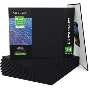 ARTEZA Black Canvas Boards for Painting, 9 x 12 Inches, Pack of 14, Blank Canvas Panels for Acrylic, Oil and Gouache Painting