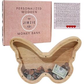 Wooden Butterfly Piggy Bank for Boys, Girls, and Adults - Clear Piggy Bank with Transparent Window and Letter Stickers -Toddler Piggy Bank - Unbreakable Coin Bank- Large Piggy Bank 13″x 8″