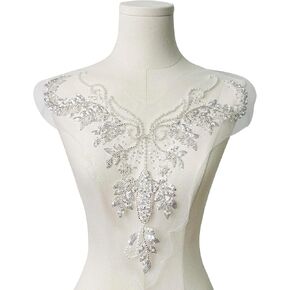 White Rhinestone Applique,Lace Applique for Wedding Gowns, Dresses, Stage Gowns, Costumes Neckline DIY Decoration Beaded Applique (Styles-1)