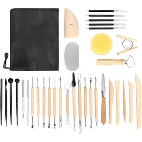 مجموعة أدوات الطين من بليستيم، 34 قطعة، أداة نحت الفخار، مقبض خشبي من الفخار in Kuwait