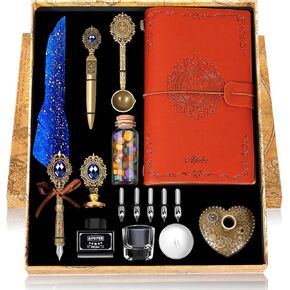 Aifeiter Feather Calligraphy Pen Set,Quill Pen and Ink Set,Feather Pen Ink Set,Notebook Quill Pen and Ink Set,Wax Seal Stamp Set,Beautiful Gift Calligraphy Set,Christmas Gifts-Blue