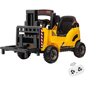 12V Ride on Forklift Car, Electric Ride On Construction Car with Remote Control, Liftable Fork and Pallet, 2 Speeds, Music, USB, MP3 and Low-Power Alarm for Kids, Blue