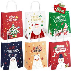 24 قطعة من أكياس هدايا عيد الميلاد الورقية من ILEBYGO بتصميمات متنوعة، 3 أحجام من أكياس هدايا عيد الميلاد مع مقابض لمستلزمات حفلات عيد الميلاد والفصول المدرسية (8 جامبو، 8 كبيرة، 8 متوسطة) in Kuwait