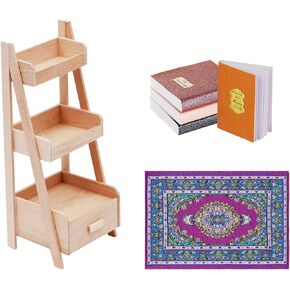 6Pcs Dollhouse Furniture Accessories, 1/12 Dollhouse Decoration Wooden Bookshelf, Miniature Carpet Turkey Rugs and 4Pcs Mini Books for Kids Gift in Kuwait