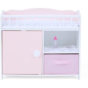 Olivia's Little World Wooden Baby Doll Crib with a Cabinet and Two Cubbies for Doll Accessory Storage Underneath, Pink and Gray and White Polka Dots