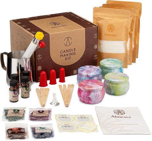 مجموعة صنع الشموع من ألميرا - لوازم صنع شموع شمع الصويا بنفسك - مجموعة صنع الشموع المعطرة للفنون والحرف اليدوية مع الزيوت العطرية، إبريق من الفولاذ المقاوم للصدأ، تعليمات - غير سامة وخالية من البارافين in Kuwait