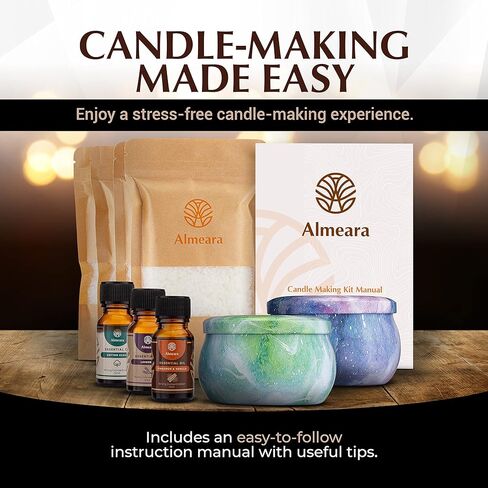 مجموعة صنع الشموع من ألميرا - لوازم صنع شموع شمع الصويا بنفسك - مجموعة صنع الشموع المعطرة للفنون والحرف اليدوية مع الزيوت العطرية، إبريق من الفولاذ المقاوم للصدأ، تعليمات - غير سامة وخالية من البارافين in Kuwait