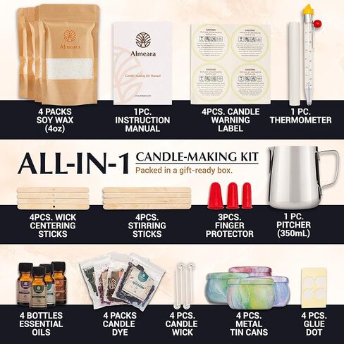 مجموعة صنع الشموع من ألميرا - لوازم صنع شموع شمع الصويا بنفسك - مجموعة صنع الشموع المعطرة للفنون والحرف اليدوية مع الزيوت العطرية، إبريق من الفولاذ المقاوم للصدأ، تعليمات - غير سامة وخالية من البارافين in Kuwait