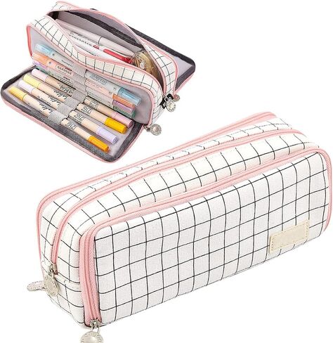 MAMUNU Big Capacity Pencil Pen Case, 3 Compartments Large Storage Canvas Pencil Pouch with Zipper, Green Cactus Design Aesthetic Pencil Pouch For Office School in Kuwait