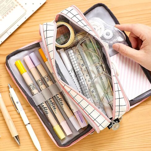 MAMUNU Big Capacity Pencil Pen Case, 3 Compartments Large Storage Canvas Pencil Pouch with Zipper, Green Cactus Design Aesthetic Pencil Pouch For Office School in Kuwait