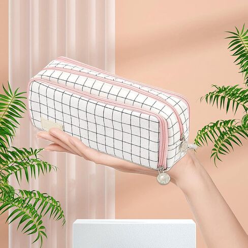 MAMUNU Big Capacity Pencil Pen Case, 3 Compartments Large Storage Canvas Pencil Pouch with Zipper, Green Cactus Design Aesthetic Pencil Pouch For Office School in Kuwait