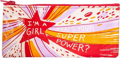 مقلمة Blue Q - أنا فتاة، ما هي قوتك الخارقة؟ سحاب ضخم، قوي وسهل التنظيف بالمسح، 95% مادة معاد تدويرها، مقاس 4.25 بوصة ارتفاع × 8.5 بوصة عرض in Kuwait