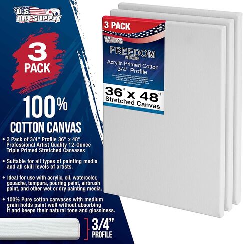 U.S. Art Supply 36 x 48 inch Stretched Canvas 12-Ounce Triple Primed, 3-Pack - Professional Artist Quality White Blank 3/4" Profile, 100% Cotton, Heavy-Weight Gesso - Acrylic Pouring, Oil Painting in Saudi Arabia
