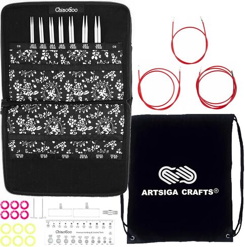 ChiaoGoo Twist Red Lace 4-Inch Small 7400-S Interchangeable Circular Knitting Needle Set, Sizes US 2, 3, 4, 5, 6, 7, 8, Stainless Steel with 3 Cords Bundle with 1 Artsiga Crafts Project Bag in Saudi Arabia